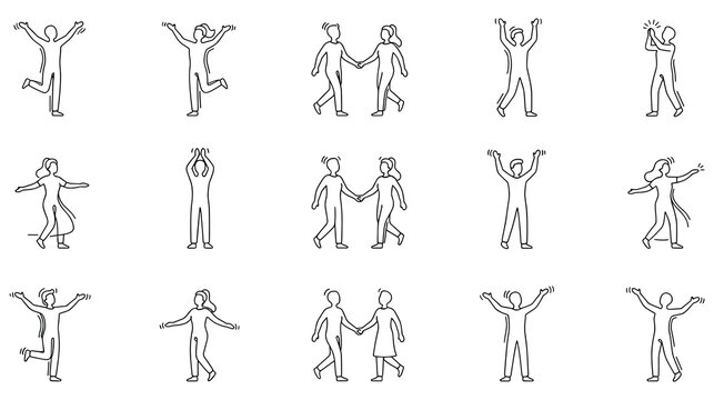 People dancing and jumping line art icons set for joy and celebration.