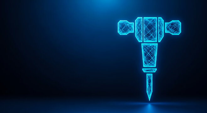 A glowing, wireframe-style jackhammer stands prominently on a sleek, dark background, highlighting its modern design.