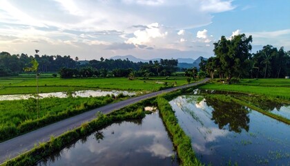 Fototapeta premium Serene Rice Paddy Fields Reflecting the Sky at Sunset.