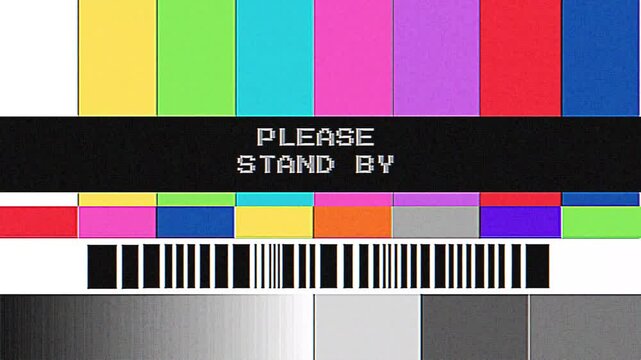 Vintage analog TV test screen with color bars and 'Please Stand By' text