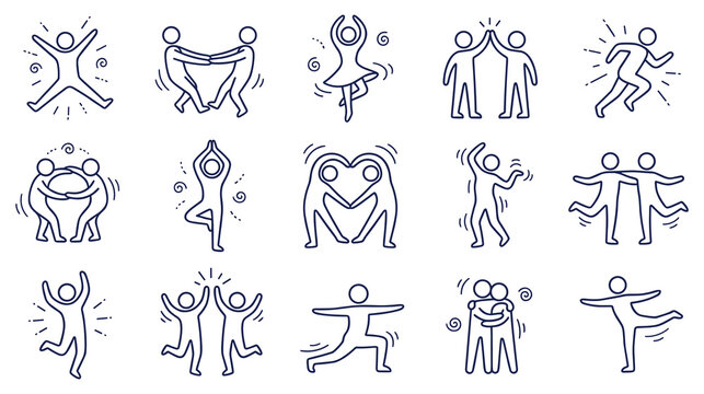 Happy active people dancing hugging and exercising blue line icons.