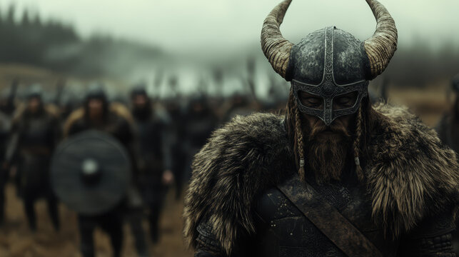 A fierce Viking warrior leading his clan into battle on a misty battlefield
