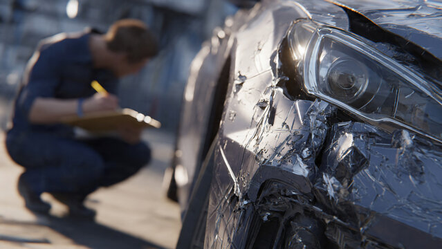 Close-up of severely damaged car fender with shattered headlight, mechanic inspecting in background, concept for insurance claims, auto repair