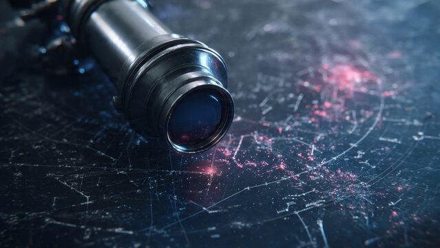 Close-up of telescope eyepiece illuminating a star map with red nebula and blue constellation lines, cosmic exploration concept for astronomy