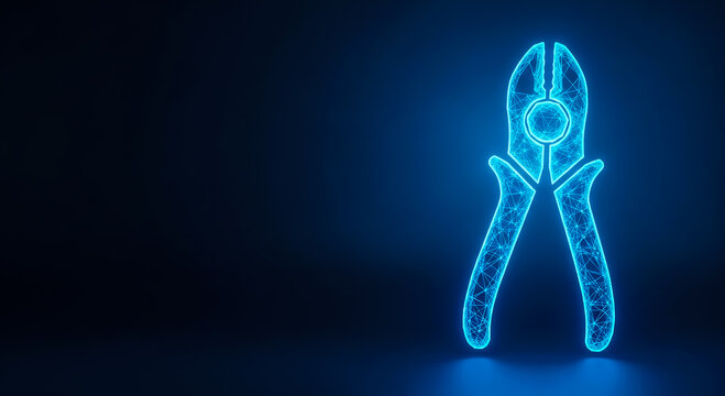 A pair of glowing blue neon human hands with interconnected lines, symbolizing technology, connection, or innovation on a dark backdrop.