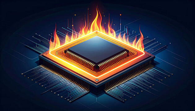 Central processing unit overheating, glowing with intense orange flames and radiating heat over a digital circuit board, representing computer power overload and performance issues