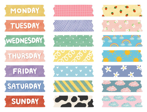 Pastel washi tape set with days of the week from Monday to Sunday, various patterns of torn paper tape for journaling, isolated PNG on transparent background