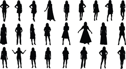 Collection of female silhouettes in various poses, standing and expressive gestures, black isolated figures, fashion body language vector illustration set © SreeMoti