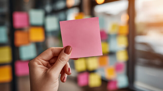 Hand holding a pink sticky note in a workspace filled with colorful notes on a window during the day