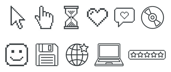 Pixel art computer icons set on white background for web application. © GW