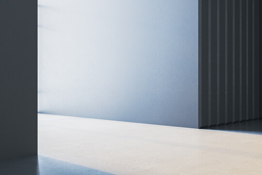 Minimal corridor interior with blank wall illuminated by soft light creating clean modern space for design mockup and interior concept purposes. 3D Rendering