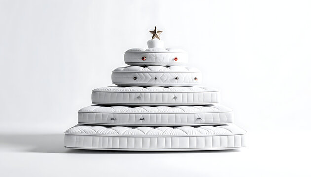 Christmas tree made of stacked white mattresses, decorated with golden star and red gems on a plain white background, festive sleep concept