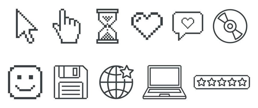 Pixel art computer icons set on white background for web application.