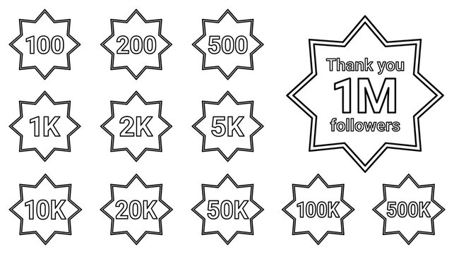 Social media follower milestone badges set in star shape outline art.