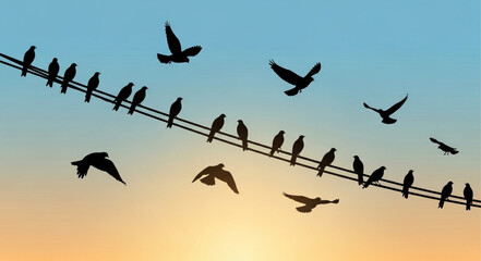 Obraz premium Silhouette flock of birds perched on a wire and flying.