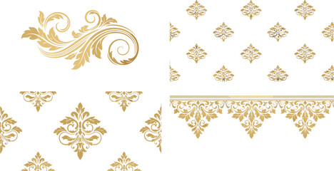 Elegant golden floral ornament pattern set, vintage baroque decorative elements, luxury damask design collection, seamless borders and motifs, classic vector illustration © SreeMoti