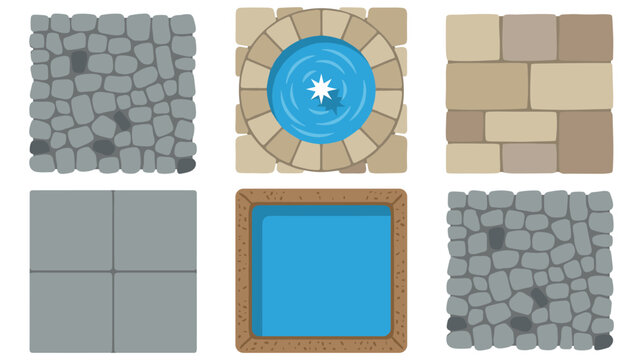 Set of six varied textured paving tiles and decorative water feature pools.