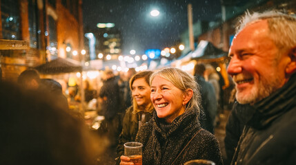 Obraz premium Diverse group of happy people enjoying a rainy evening at a vibrant outdoor night market, celebrating urban lifestyle, community sustainability, and local culture with warm bokeh light atmosphere.