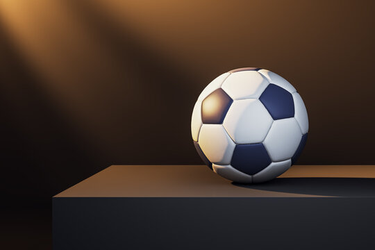 Soccer ball on geometric pedestal under warm dramatic light with soft shadows creating a creative minimal sports composition on dark background. 3D Rendering