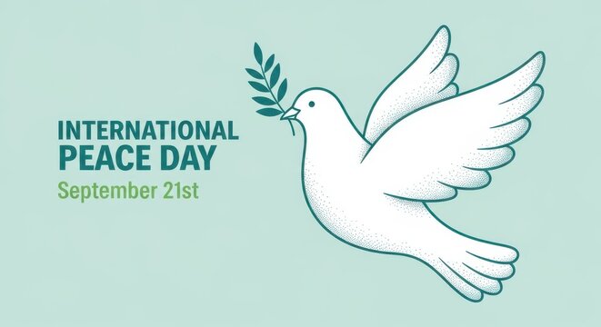 International peace day illustration with a white dove holding an olive branch on a light green background
