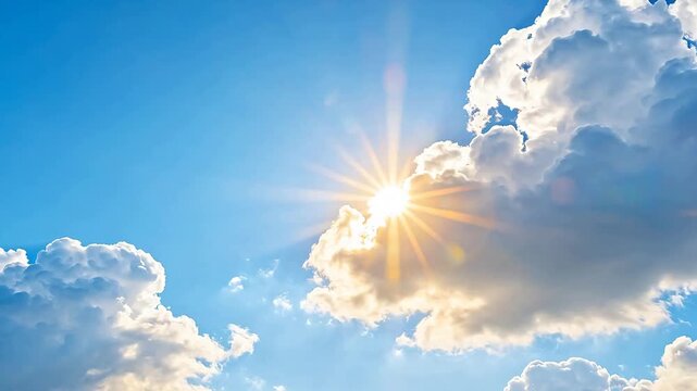 Sunlight through fluffy clouds in blue sky
