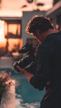 Photorealistic Over The Shoulder View of Male Photographer in Black Shirt Taking Picture of Modern Luxury Mansion with Swimming Pool Using Professional Camera at Golden Hour Sunset