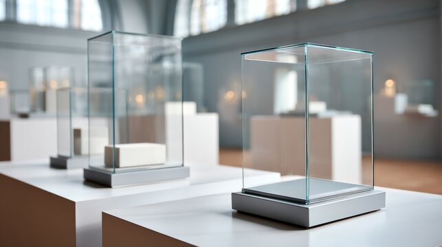 Minimalist glass display cases in a modern exhibition space.