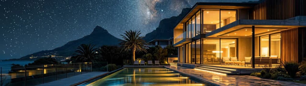 Modern luxury home with infinity pool overlooking the ocean under a starry night sky in cape town.
