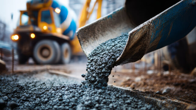 Concrete pouring from mixer truck onto construction site foundation