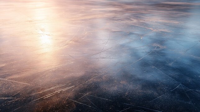 A serene frozen lake surface reflecting soft colors at sunset.