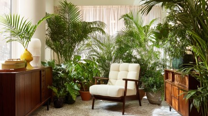 Fototapeta premium Plants and furniture decorate a home's interior.