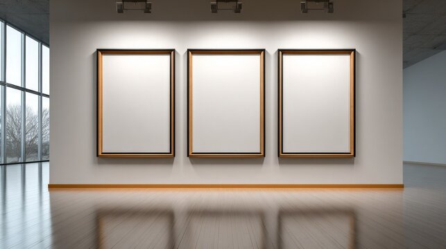 Empty gallery space with three blank frames on a minimalist wall.