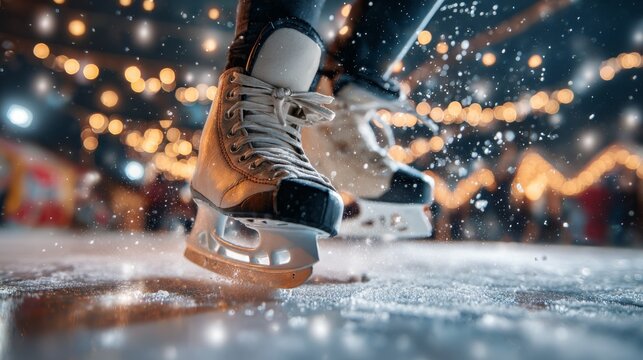 Close-up of ice skates gliding on ice, surrounded by festive lights.