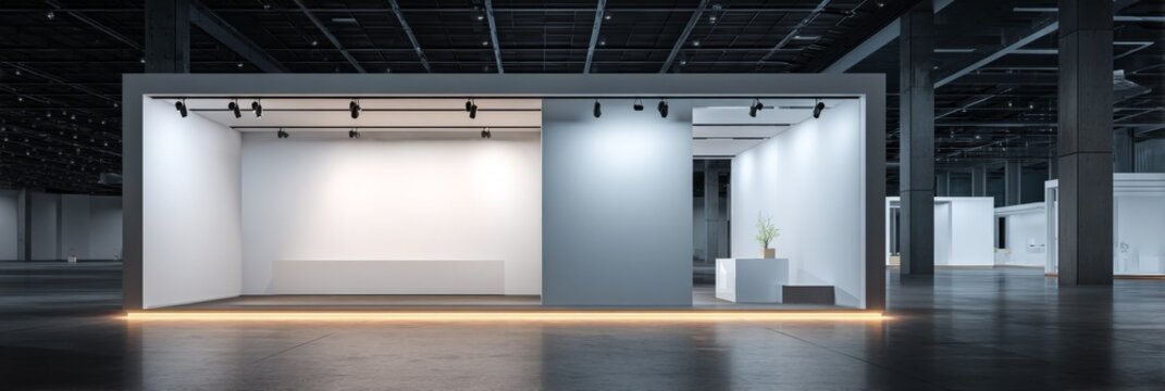 Minimalistic modern exhibition space with white walls and soft lighting.