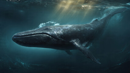 Fototapeta premium Majestic humpback whale gliding through deep dark ocean, golden sun rays piercing water surface, detailed underwater shot, suitable for marine