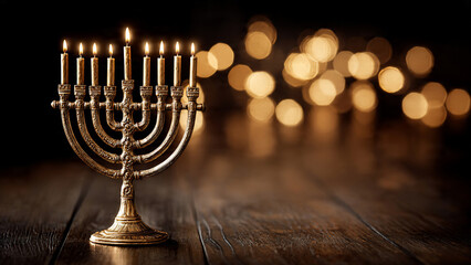 Fototapeta premium Ornate golden Hanukkah menorah with nine lit candles glowing warmly on dark wooden surface, golden bokeh lights background, concept for religious