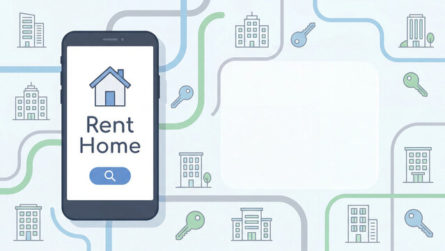  Home rental search mobile application for finding residential properties with building and key icons on mapped network for real estate leasing and tenant accommodation discovery