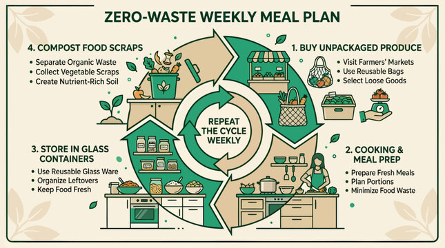 Zerowaste weekly meal plan infographic showing steps for sustainable living including buying unpackaged produce, meal prepping, storing in glass containers, and composting food scraps