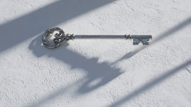 Ornate silver skeleton key on textured white surface with dramatic diagonal shadows, concept for security, mystery and home