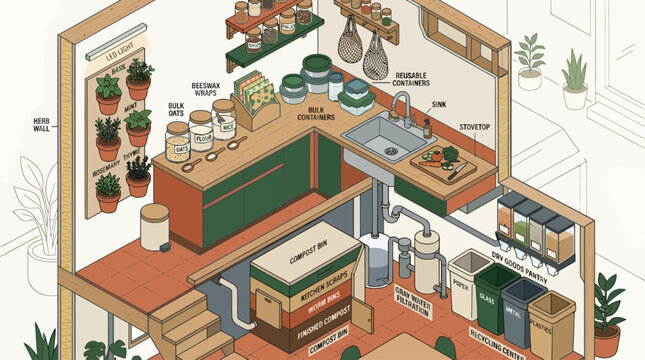 Isometric illustration of a sustainable ecofriendly kitchen with herb wall, composting system, gray water filtration, and recycling center