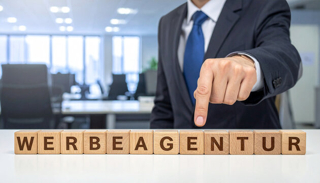 Werbeagentur - Geschäftsmann zeigt auf den Text "Werbeagentur"