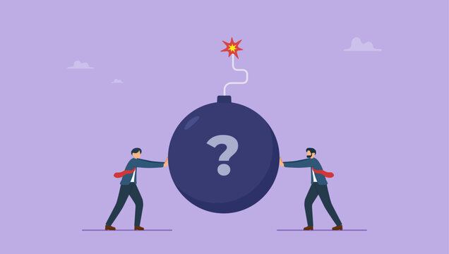 Business people pushing a burning bomb onto each other. Shirking responsibility for wrong mistakes or decisions, being selfish and irresponsible, Pushing problems and troubles onto each other concept.