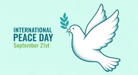 Obraz premium International peace day poster design with a white dove holding an olive branch on a light green background
