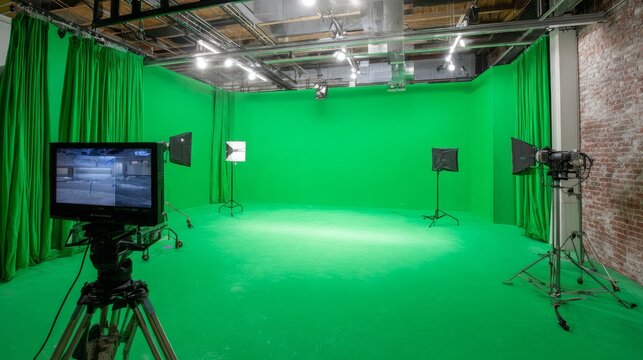 TV shows green screen for design work in a room.