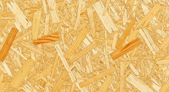 Closeup texture of oriented strand board osb wood panel, showing compressed wooden chips and flakes for construction and building material
