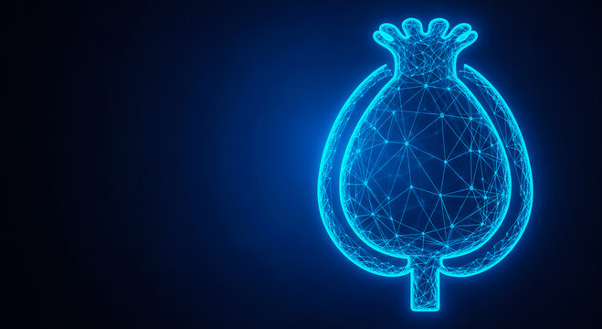 A futuristic, neon blue poppy seed pod with a glowing wireframe design on a dark backdrop, symbolizing technology.