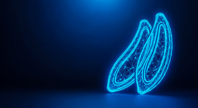 A futuristic, glowing mitochondria graphic in blue, showcasing intricate geometric details on a dark, sleek background.