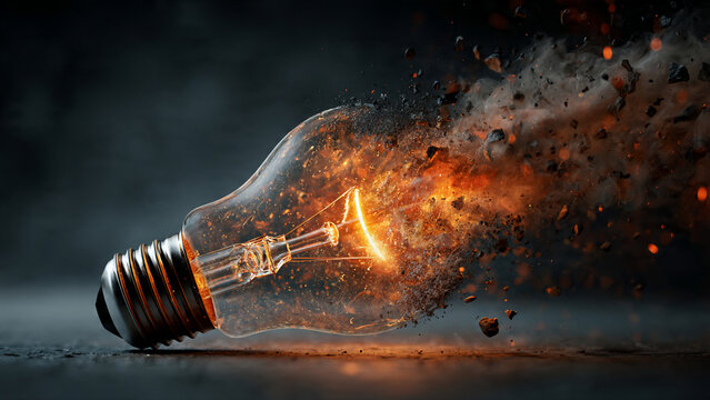 Shattering light bulb with glowing filament and exploding debris against dark background, top view, concept for energy innovation, destructive