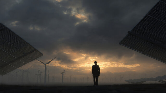 Silhouette of a businessman standing between solar panels with wind turbines in a foggy landscape under a dramatic sunset sky, perfect for renewable