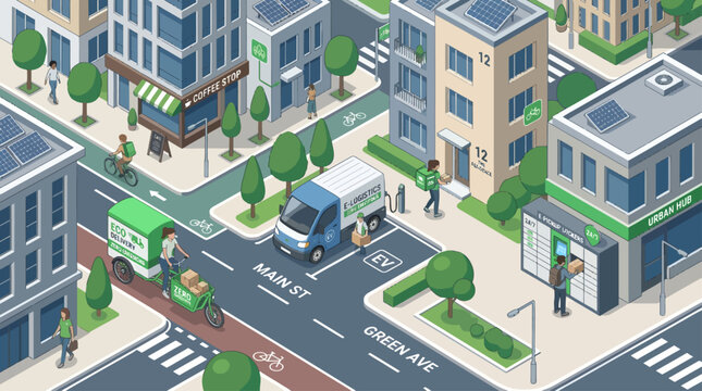 Isometric city street with ecofriendly delivery services, electric van charging, cargo bike courier, and automated parcel pickup lockers in a sustainable urban environment